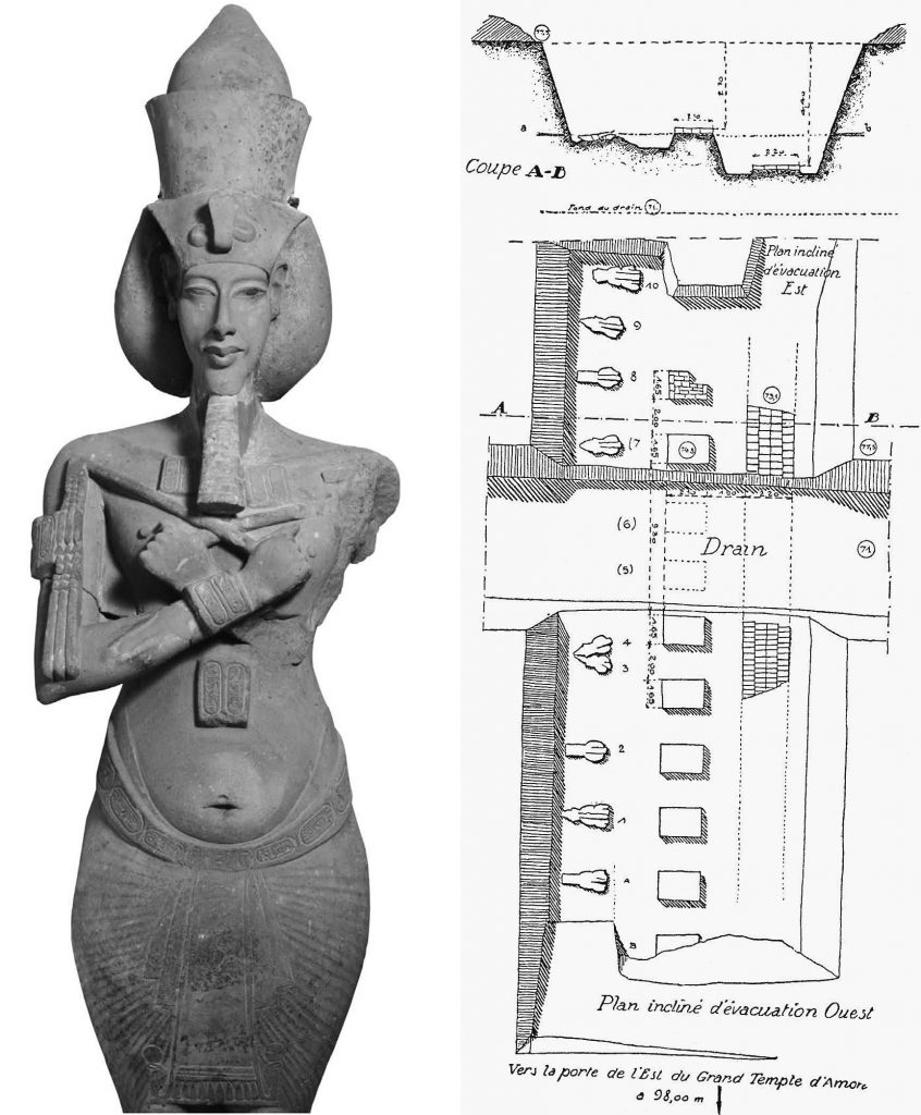 Figure 10, Left image: one of the first two colossi found (Manniche 2010, 2), right image: Chevrier’s first plan of the excavation (ASAE 26, 1926, p. 192)